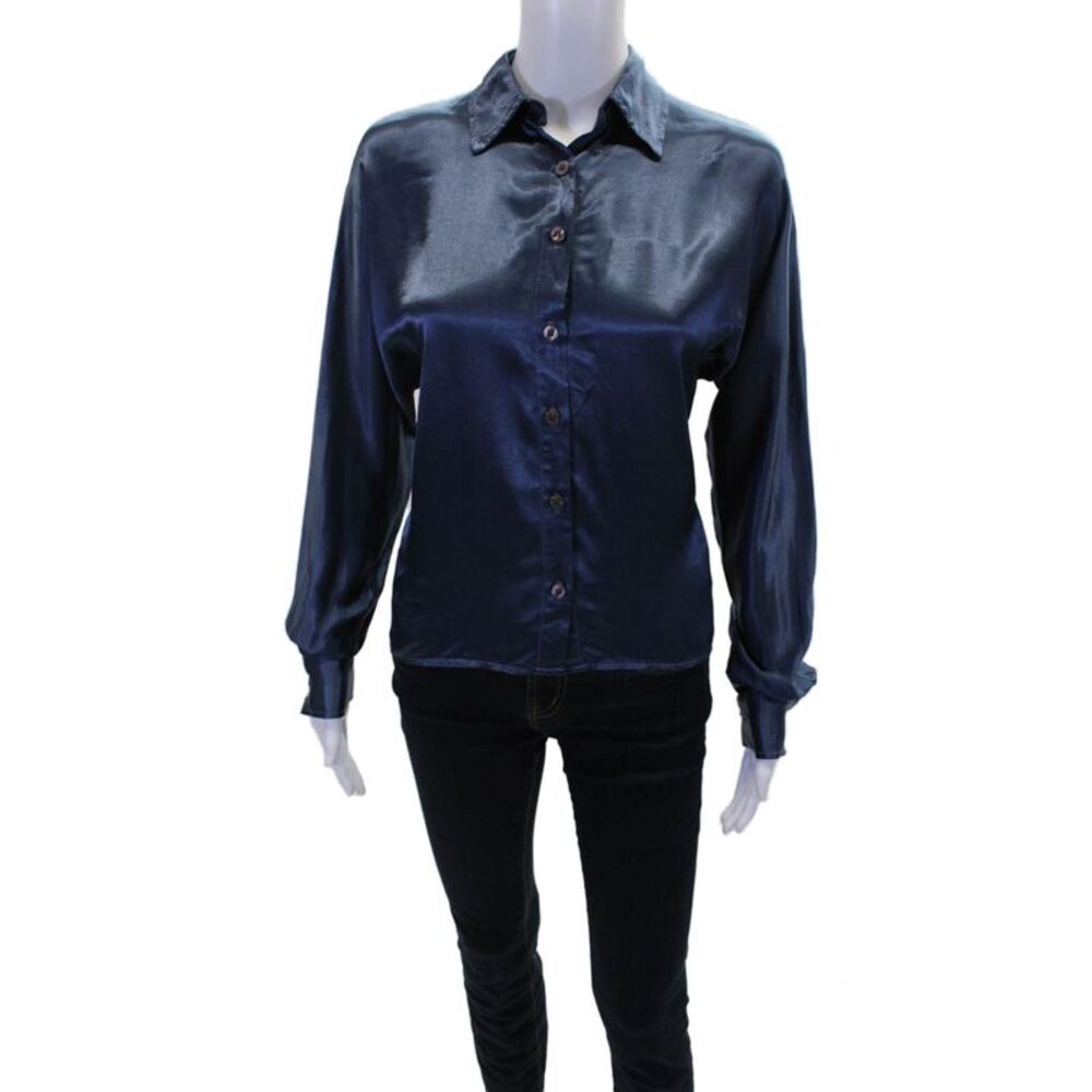 Pharaoh Womens Button Front Striped Trim Collared Satin Shirt Blue Size 00